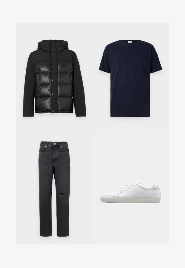Μαύρο πούφφερ μπουφάν με κουκούλα, εμπρός κουμπιά και ένα μείγμα ματ και γυαλιστερών υφών. Περιλαμβάνει φερμουάρ πλευρική τσέπη και λογότυπο.; Μπλε σκούρο κοντομάνικο μπλουζάκι φτιαγμένο από βαμβάκι, με στρογγυλή λαιμόκοψη και άνετη εφαρμογή χωρίς ορατά σχέδια ή διακοσμητικά στοιχεία.; Μαύρα τζιν παντελόνια με ίσια γραμμή, που διαθέτουν μισό σκισμένο γόνατο, πέντε τσέπες και μεταλλικά αξεσουάρ στη μέση και στις τσέπες.; Λευκό αθλητικό παπούτσι με άνω μέρος από λείο δέρμα και χαμηλό προφίλ. Διαθέτει στρογγυλεμένη μύτη, έξι τρυπούλες και υφασμένη καουτσούκ σόλα.