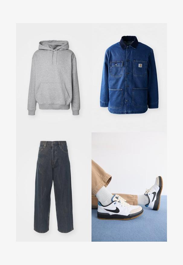 Džínová bunda v tmavomodrej farbe s kordovou golierom. Obsahuje štyri vrecká, zapínanie na gombíky a mierne zúžený spodný lem. Odolná tkanina.; Sivý mikina s kapucňou vyrobená z mäkkého zmesového bavlneného materiálu, ktorá má veľkú prednú kapsu, nastaviteľné šnúrky a rebrované manžety a lem.; Široké tmavomodré denimové džínsy s jemne ošúchanou textúrou, piatimi vreckami a klasickým zapínaním na gombík a zips v páse.; Biele a čierne tenisky Nike s modrými akcentmi, s hladkým koženým zvrškom, gumovou podrážkou a šnurovaním. Svetlosivé ponožky a béžové nohavice.