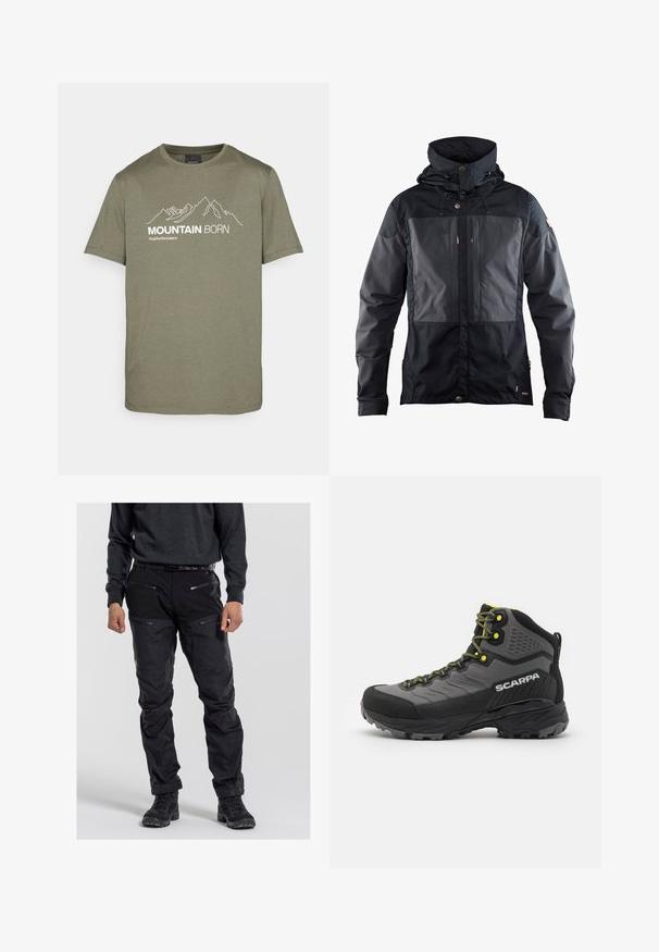 Czarna kurtka z dwukolorowym wzorem, z ciemniejszą częścią z przodu, regulowanym kapturem i złotymi akcentami metalowymi. Miękka tekstura.; Czarny polarowy sweter z półzamkiem i wysokim kołnierzem. Posiada złote haftowane logo oraz ściągacze przy mankietach i u dołu. Miękka, teksturowana powierzchnia.; Peak Performance EXPLORE khaki; Czarne spodnie outdoorowe wykonane z trwałej tkaniny, z wieloma zamykanymi na zamek kieszeniami, fakturowaną powierzchnią i wzmocnionymi strefami kolan. Noszone z ciemnym obuwiem.; Czarno-szare buty trekkingowe z teksturowanej tkaniny, jasnosłonecznymi akcentami, wzmocnionym noskiem i gumową podeszwą z głębokim bieżnikiem zapewniającym przyczepność.