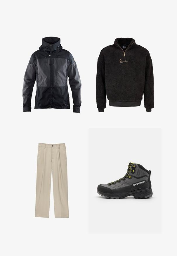 Schwarze Jacke mit einem zweifarbigen Design, das eine dunklere Tasche auf der Vorderseite, eine verstellbare Kapuze und goldfarbene Hardware-Accents aufweist. Weiche Textur.; Schwarzer Fleece-Pullover mit halbem Reißverschluss vorne und hohem Kragen. Mit einem goldenen gestickten Logo und gerippten Bündchen und Saum. Weiche, strukturierte Oberfläche.; Beige Hosen mit geradem Schnitt, ausgestattet mit einem einzelnen schwarzen Knopf, Gürtelschlaufen und Seitentaschen. Glatte Stofftextur und minimalistisches Design.; Schwarzer und grauer Wanderschuh mit strukturiertem Stoff, leuchtend gelben Akzenten, verstärktem Zehenbereich und Gummisohle mit tiefen Profilen für besseren Halt.