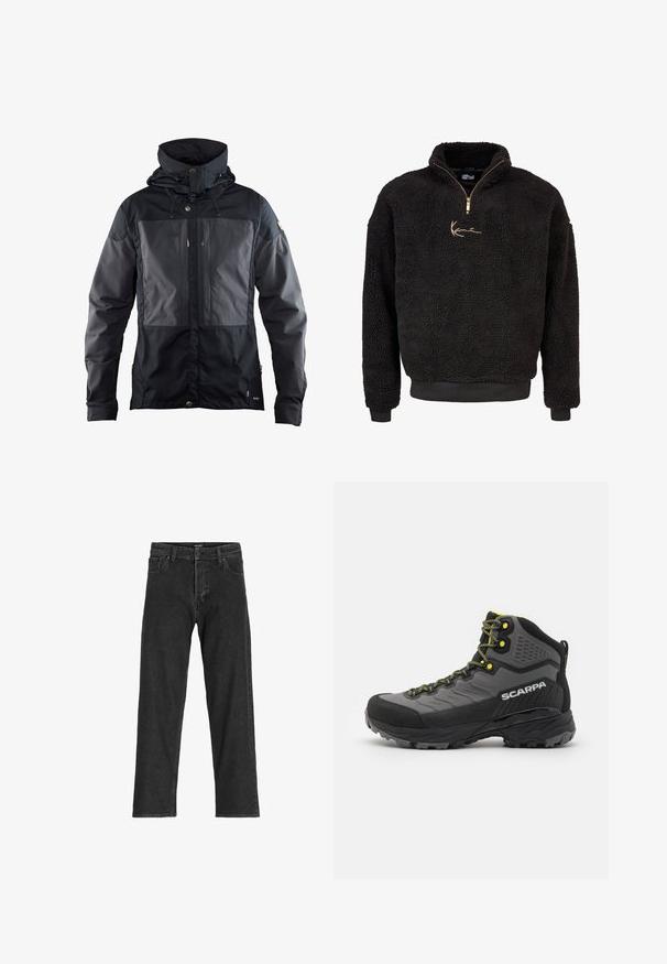 Veste noire avec un design bicolore, comportant un panneau plus foncé à l'avant, une capuche ajustable et des accents en métal doré. Texture douce.; Pull à col montant noir en polaire avec une fermeture éclair demi-zippée à l'avant. Arbore un logo brodé en or ainsi que des poignets et un ourlet côtelés. Finition douce et texturée.; Jean en denim noir avec une coupe droite, dotée d'une fermeture éclair, de passants de ceinture et de six poches, confectionnée dans un tissu en coton robuste.; Botte de randonnée noire et grise avec un tissu texturé, accents jaune vif, bout renforcé et semelle en caoutchouc avec des crampons profonds pour une meilleure adhérence.