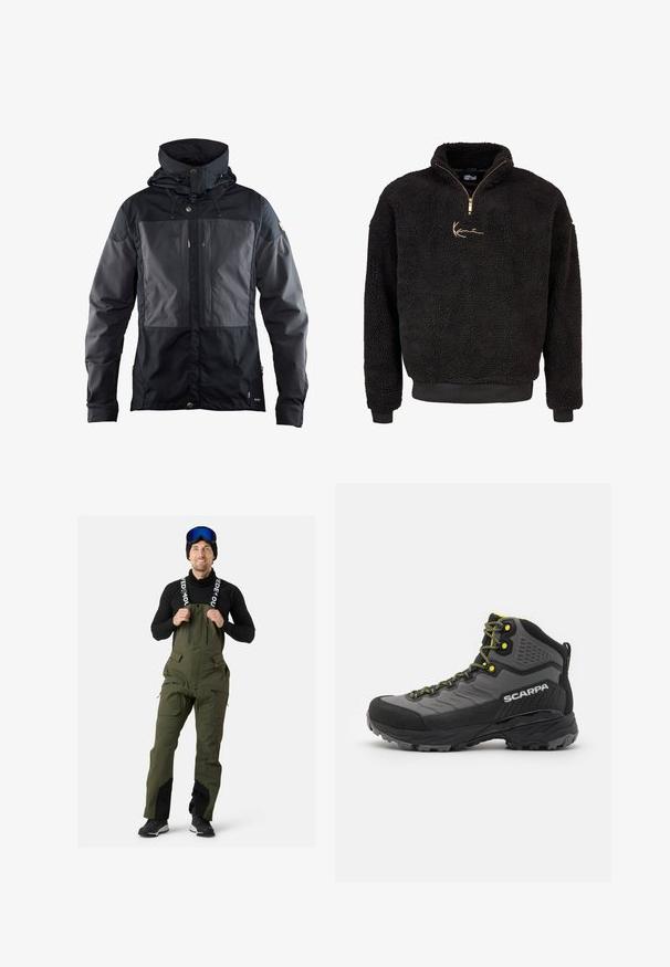Czarna kurtka z dwukolorowym wzorem, z ciemniejszą częścią z przodu, regulowanym kapturem i złotymi akcentami metalowymi. Miękka tekstura.; Czarny polarowy sweter z półzamkiem i wysokim kołnierzem. Posiada złote haftowane logo oraz ściągacze przy mankietach i u dołu. Miękka, teksturowana powierzchnia.; Zielone wodoodporne ogrodniczki z regulowanymi szelkami, zamkiem błyskawicznym z przodu, wieloma kieszeniami na zamek oraz wzmocnionymi czarnymi akcentami przy mankietach.; Czarno-szare buty trekkingowe z teksturowanej tkaniny, jasnosłonecznymi akcentami, wzmocnionym noskiem i gumową podeszwą z głębokim bieżnikiem zapewniającym przyczepność.