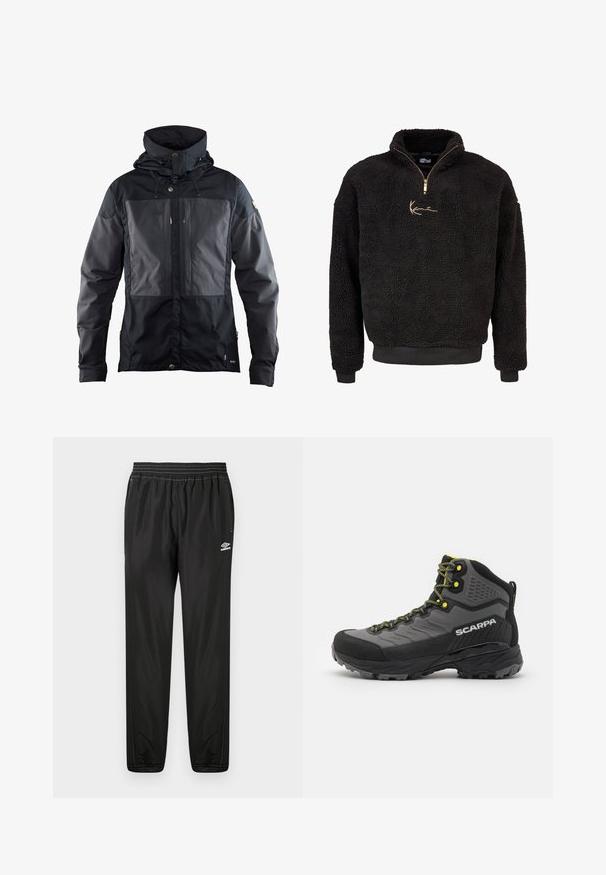 Sort jakke med tofarvet design, hvor forsiden har et mørkere panel, justerbar hætte og hardware-detaljer i guldtonet. Blød tekstur.; Sorte fleece-pullover med halv lynlås foran og høj krave. Har et guld broderet logo samt ribbede manchetter og kant. Blød, struktureret overflade.; Sorte Umbro trackbukser med elastisk talje, sidelommer, tætsiddende ben og logo på højre lår mod en hvid baggrund.; Sort og grå vandrestøvle med tekstiler, lysende gule detaljer, forstærket tå og gummisål med dybe riller for godt greb.