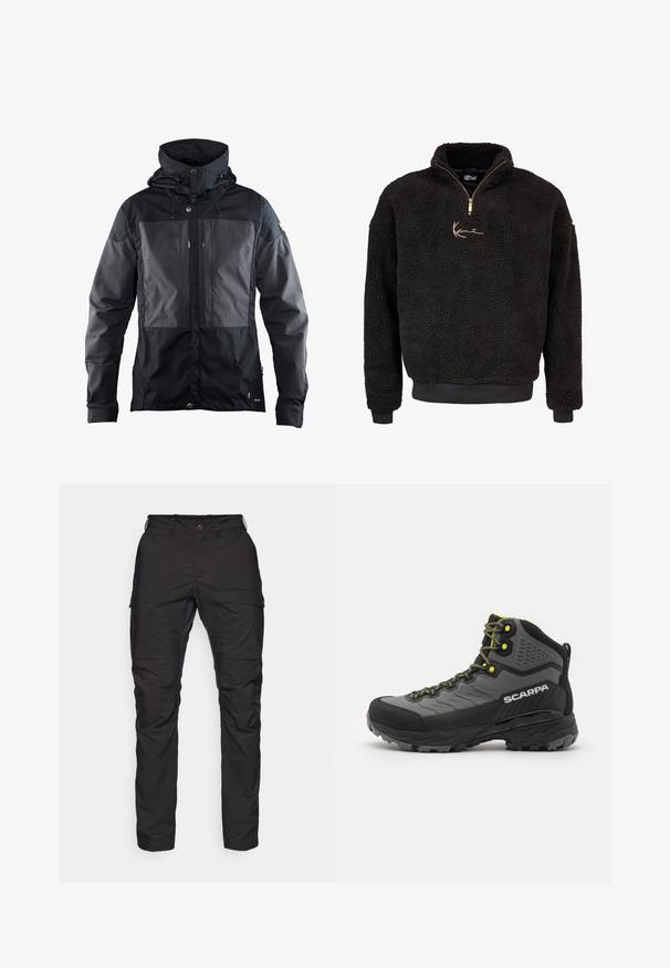 Must musta, millel on kahe tooni disain, tumedam paneel ees, reguleeritav kapuuts ja kuldse tooni detailid. Pehme tekstuur.; Mustmustee siitri ketsiga must narmastega, millel on pooltõmbluku ees ja kõrge krae. Omab kuldse tikandiga logo ning soonikuga mansette ja ääre. Pehme, tekstureeritud viimistlus.; Mustad mustad püksid, mis on valmistatud vastupidavast kangast, kahe külje taskuga, nupuga sulgemisega ja kitsenevate jalgadega, millel on sile tekstuur.; Mustan ja halli matkajalatsiga, millel on tekstureeritud kude, erksad kollased aktsendid, tugevdatud varvas ja kummist välistald, millel on sügavad mustrid haakumiseks.