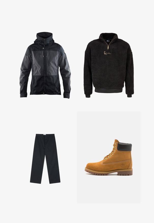 Černá bunda s dvoubarevným designem, která má tmavší panel na přední straně, nastavitelnou kapuci a zlaté kovové akcenty. Měkká textura.; Černý fleecový pulovr s polovičním zipem vpředu a vysokým límcem. Obsahuje zlatou vyšitou logo a žebrované manžety a lem. Měkký, strukturovaný povrch.; Černé bavlněné kalhoty s rovnými nohavicemi, vybavené knoflíkovým zapínáním a jednoduchým pasem. Žádné vzory ani další akcenty.; Hnědé semišové kotníkové boty s černým polstrovaným límcem, zlatými kovovými očky, bílým prošíváním a odolnou gumovou podrážkou s výraznými drážkami.
