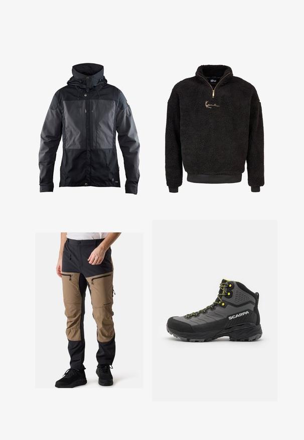 Czarna kurtka z dwukolorowym wzorem, z ciemniejszą częścią z przodu, regulowanym kapturem i złotymi akcentami metalowymi. Miękka tekstura.; Czarny polarowy sweter z półzamkiem i wysokim kołnierzem. Posiada złote haftowane logo oraz ściągacze przy mankietach i u dołu. Miękka, teksturowana powierzchnia.; Techniczne spodnie outdoorowe w kolorze czarnym i beżowym, wykonane z trwałego materiału, z dwiema kieszeniami zapinanymi na zamek, regulowanym paskiem w talii oraz wzmocnionymi strefami na kolanach.; Czarno-szare buty trekkingowe z teksturowanej tkaniny, jasnosłonecznymi akcentami, wzmocnionym noskiem i gumową podeszwą z głębokim bieżnikiem zapewniającym przyczepność.