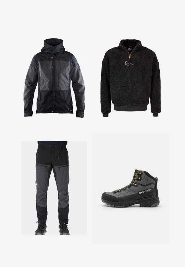 Czarna kurtka z dwukolorowym wzorem, z ciemniejszą częścią z przodu, regulowanym kapturem i złotymi akcentami metalowymi. Miękka tekstura.; Czarny polarowy sweter z półzamkiem i wysokim kołnierzem. Posiada złote haftowane logo oraz ściągacze przy mankietach i u dołu. Miękka, teksturowana powierzchnia.; Spodnie outdoorowe w czarno-szarym wzorze blokowym, wykonane z trwałej, lekkiej tkaniny, z wieloma kieszeniami zapinanymi na zamek.; Czarno-szare buty trekkingowe z teksturowanej tkaniny, jasnosłonecznymi akcentami, wzmocnionym noskiem i gumową podeszwą z głębokim bieżnikiem zapewniającym przyczepność.