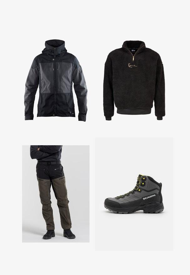 Black jacket featuring a two-tone design with a darker panel on the front, adjustable hood, and gold-tone hardware accents. Soft texture.; Black fleece pullover with a half-zip front and high collar. Features a gold embroidered logo and ribbed cuffs and hem. Soft, textured finish.; Men's outdoor pants in black and olive green. Made of durable fabric with zippered pockets and reinforced knee areas. Belt included.; Black and grey hiking boot with textured fabric, bright yellow accents, reinforced toe, and rubber outsole featuring deep treads for traction.