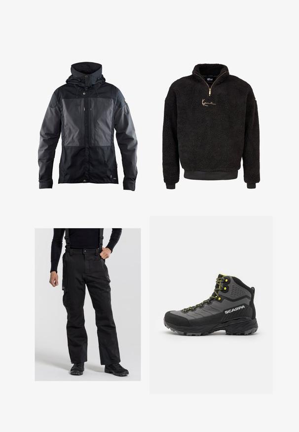 Zwarte jas met een tweekleurig ontwerp, een donkerder paneel aan de voorkant, een verstelbare capuchon en gouden hardwareaccenten. Zachte textuur.; Zwarte fleece pullover met een halve rits aan de voorkant en hoge kraag. Voorzien van een gouden geborduurd logo en ribbelmanchetten en -zoom. Zachte, gestructureerde afwerking.; Zwarte sneeuwbroeken met verstelbare bretels, cargozakken en versterkte delen bij de enkels. Gemaakt van duurzaam, weerbestendig materiaal.; Zwarte en grijze wandelschoen met textuurstof, heldergele accenten, versterkte neus en rubberen buitenzool met diepe profielen voor grip.