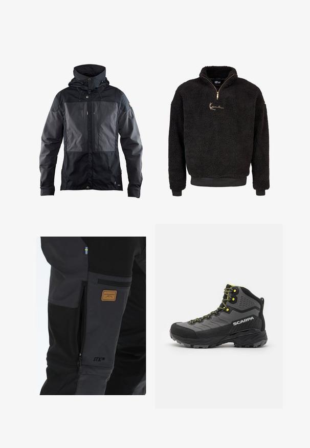 Czarna kurtka z dwukolorowym wzorem, z ciemniejszą częścią z przodu, regulowanym kapturem i złotymi akcentami metalowymi. Miękka tekstura.; Czarny polarowy sweter z półzamkiem i wysokim kołnierzem. Posiada złote haftowane logo oraz ściągacze przy mankietach i u dołu. Miękka, teksturowana powierzchnia.; Czarne i ciemnoszare spodnie narciarskie z zamykanymi na zamek kieszeniami, brązową skórzaną łatą SWEDEMOUNT oraz detalem w postaci szwedzkiej flagi po boku.; Czarno-szare buty trekkingowe z teksturowanej tkaniny, jasnosłonecznymi akcentami, wzmocnionym noskiem i gumową podeszwą z głębokim bieżnikiem zapewniającym przyczepność.