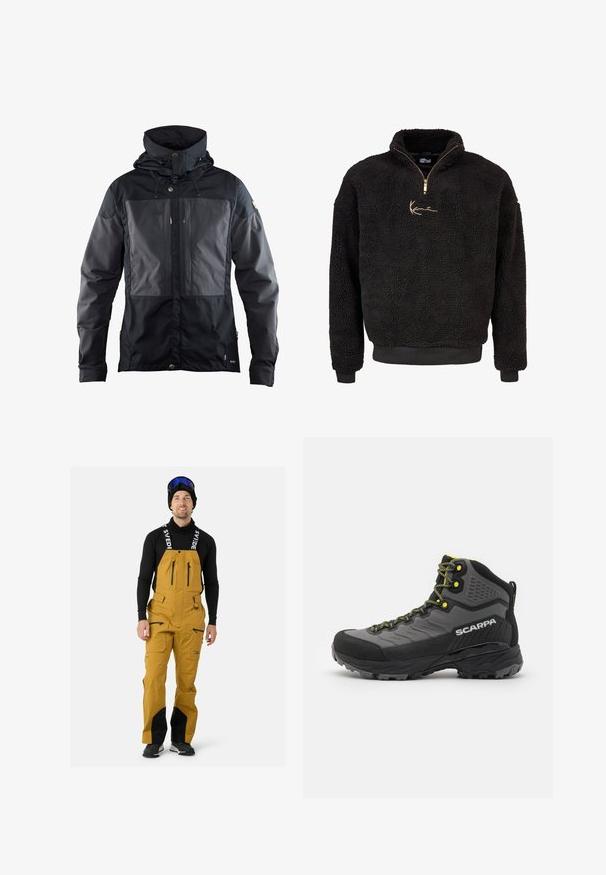 Black jacket featuring a two-tone design with a darker panel on the front, adjustable hood, and gold-tone hardware accents. Soft texture.; Black fleece pullover with a half-zip front and high collar. Features a gold embroidered logo and ribbed cuffs and hem. Soft, textured finish.; Yellow ski overalls with black accents and zippers. Features adjustable straps and a smooth texture. Worn over a black long-sleeve shirt.; Black and grey hiking boot with textured fabric, bright yellow accents, reinforced toe, and rubber outsole featuring deep treads for traction.