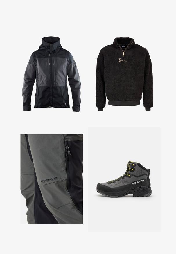 Svart jacka med tvåtonad design och en mörkare panel fram, justerbar huva och detaljer i guldton. Mjuk textur.; Svart fleece-pullover med halvdragkedja fram och hög krage. Funktioner inkluderar en guld broderad logotyp samt ribbade ärmslut och nederkant. Mjuk, texturerad yta.; Tvåfärgade utomhusbyxor med grått tyg och svarta detaljer, dragkedjefickor och "SWEDEMOUNT"-logotypen broderad på sidan.; Svart och grå vandringskänga med textilmaterial, ljusgula accenter, förstärkt tå och gummisula med djupa mönster för grepp.