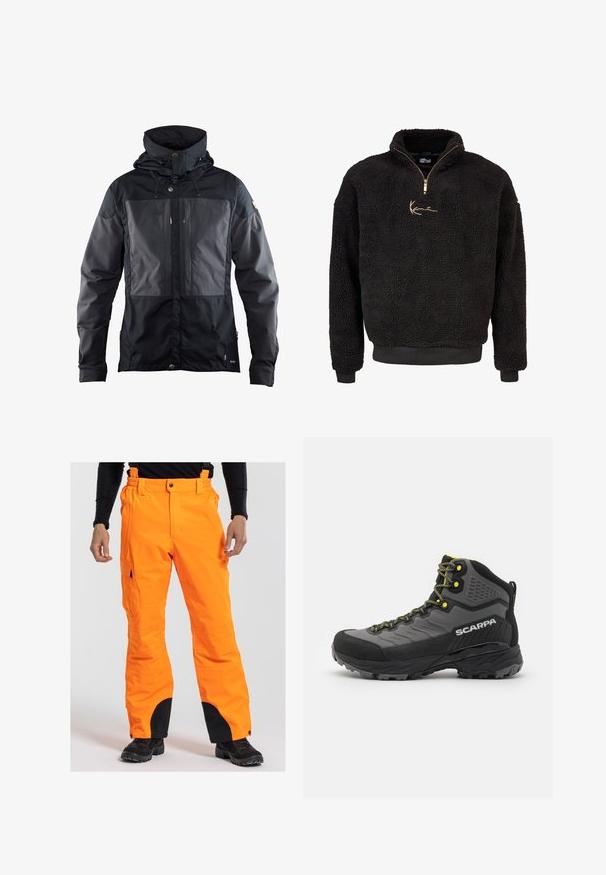 Czarna kurtka z dwukolorowym wzorem, z ciemniejszą częścią z przodu, regulowanym kapturem i złotymi akcentami metalowymi. Miękka tekstura.; Czarny polarowy sweter z półzamkiem i wysokim kołnierzem. Posiada złote haftowane logo oraz ściągacze przy mankietach i u dołu. Miękka, teksturowana powierzchnia.; Pomarańczowe wodoodporne spodnie z regulowanymi szelkami, kieszeniami typu cargo i czarnymi akcentami przy mankietach. Odpowiednie do aktywności na świeżym powietrzu w zimnej pogodzie.; Czarno-szare buty trekkingowe z teksturowanej tkaniny, jasnosłonecznymi akcentami, wzmocnionym noskiem i gumową podeszwą z głębokim bieżnikiem zapewniającym przyczepność.