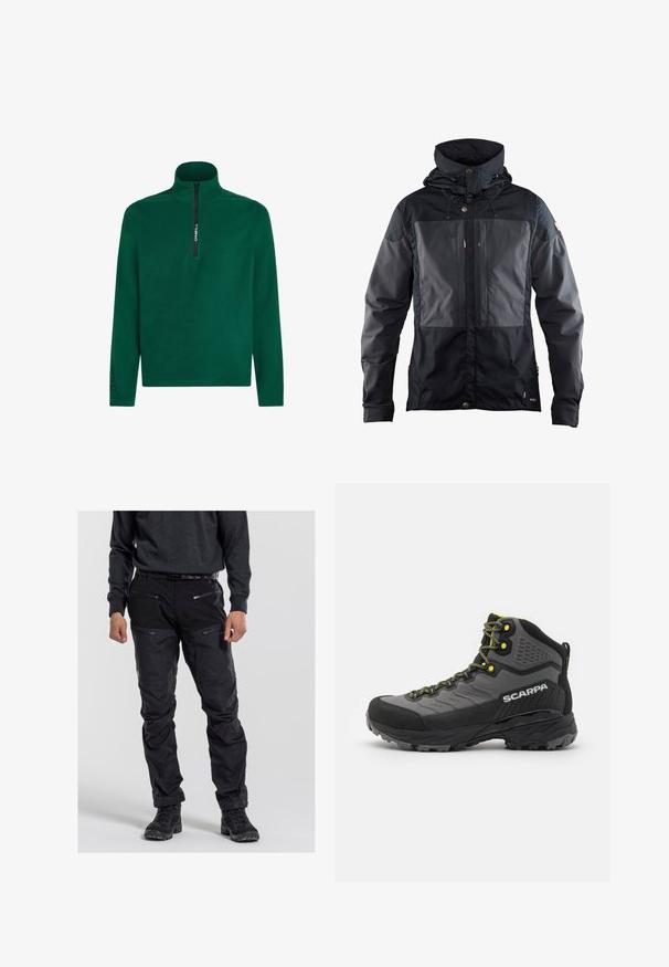 Giacca nera con un design bicolore caratterizzato da un pannello più scuro nella parte anteriore, cappuccio regolabile e dettagli in metallo color oro. Tessuto morbido.; Pullover in pile verde con colletto alto e zip. Presenta una zip nera e un logo "Polartec" nero sulla manica. Texture morbida.; Pantaloni neri da esterno realizzati in tessuto resistente, con molteplici tasche con zip, una superficie strutturata e zone del ginocchio rinforzate. Indossati con calzature scure.; Scarponcino da trekking nero e grigio con tessuto testurizzato, accenti gialli brillanti, punta rinforzata e suola in gomma con profonde scanalature per una migliore aderenza.