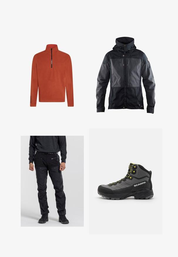 Schwarze Jacke mit einem zweifarbigen Design, das eine dunklere Tasche auf der Vorderseite, eine verstellbare Kapuze und goldfarbene Hardware-Accents aufweist. Weiche Textur.; Oranger Fleece-Pullover mit einem Halbzip-Vorderteil. Merkmale einen hohen Kragen und Logodetail am Ärmel. Weicher, strukturierten Stoff. Lange Ärmel.; Schwarze Outdoor-Hosen aus strapazierfähigem Material, mit mehreren Reißverschluss-Taschen, einer strukturierten Oberfläche und verstärkten Kniebereichen. Getragen mit dunklem Schuhwerk.; Schwarzer und grauer Wanderschuh mit strukturiertem Stoff, leuchtend gelben Akzenten, verstärktem Zehenbereich und Gummisohle mit tiefen Profilen für besseren Halt.