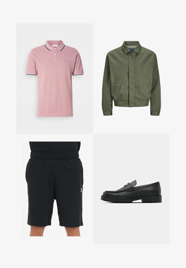 Oliivroheline pommijaak, millel on krae, esine nööbid, kaks küljetaskut ja elastsed varrukaotsad. Siseosa on ruuduline.; Roosa polo särk kahe nupuga, ribatud kraega, millel on tumeda merevaigu ja valged triibud ning diskreetne logo, mis on tikitud rinna peale.; Mustad mustad pehmest kangast lühikesed püksid, millel on elastne vöökoht, küljetaskud ja väike logo alumisel jalal.; Mustad musta nahast loafers, millel on ümar varvas, tikandiga disain, madal platvorm-soon ja tekstureeritud, soonikkummist välistald.