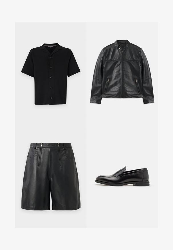 Zwarte leren jas met staande kraag, rits aan de voorkant, drukknoopsluiting bij de nek en twee verticale ritszakken aan de zijkant.; Zwart kortebloes met knopen gemaakt van zachte stof. Heeft een kraag en zes knopen aan de voorkant, met een rechte snit en geen zichtbare patronen.; Zwarte neplederen shorts met twee verticale ritssluitingen aan de voorkant en riemlussen, tegen een witte achtergrond weergegeven.; Zwarte leren instappers met een gladde textuur, ronde neus en een decoratieve band over de wreef. Lage, gestapelde hak en minimalistisch ontwerp.