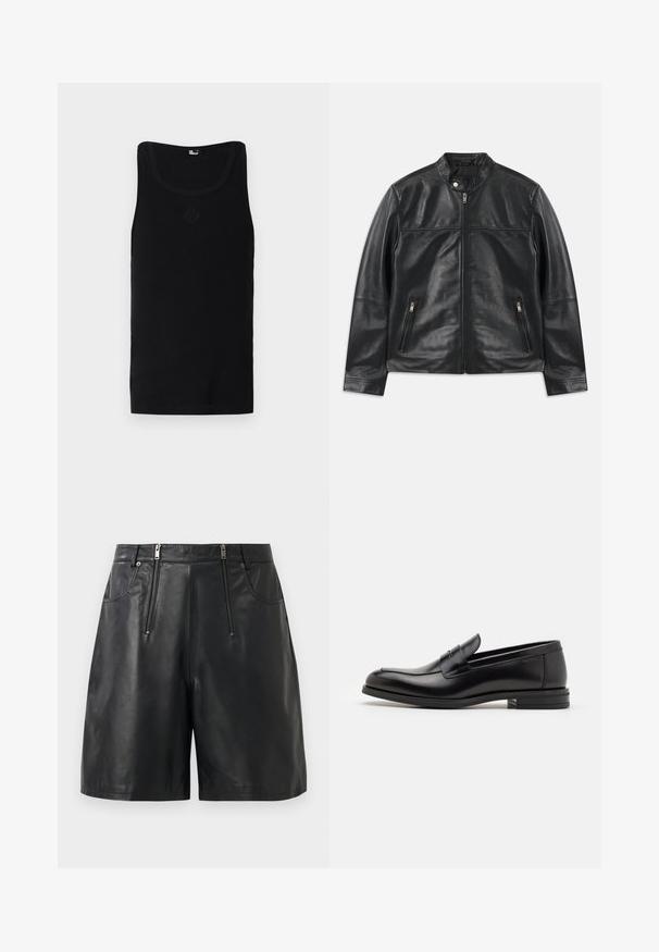 Črna usnjena jakna s stojčkovim ovratnikom, sprednjim zadrgo, pritrdilnim gumbom na vratu in dvema navpičnima stranskima žepoma z zadrgo.; Črna majica brez rokavov iz bombaža z rebrasto teksturo, z okroglim izrezom in majhnim simbolom vtisnjenim na sprednji strani.; Črne hlače iz umetnega usnja s sprednjima vertikalnima žepoma na zadrgo in zankami za pas, prikazane na beli podlagi.; Črne usnjene loafer čevlje z gladko teksturo, zaobljenim nosom in dekorativnim trakom čez zgornji del. Nizka zložena peta, minimalističen dizajn.