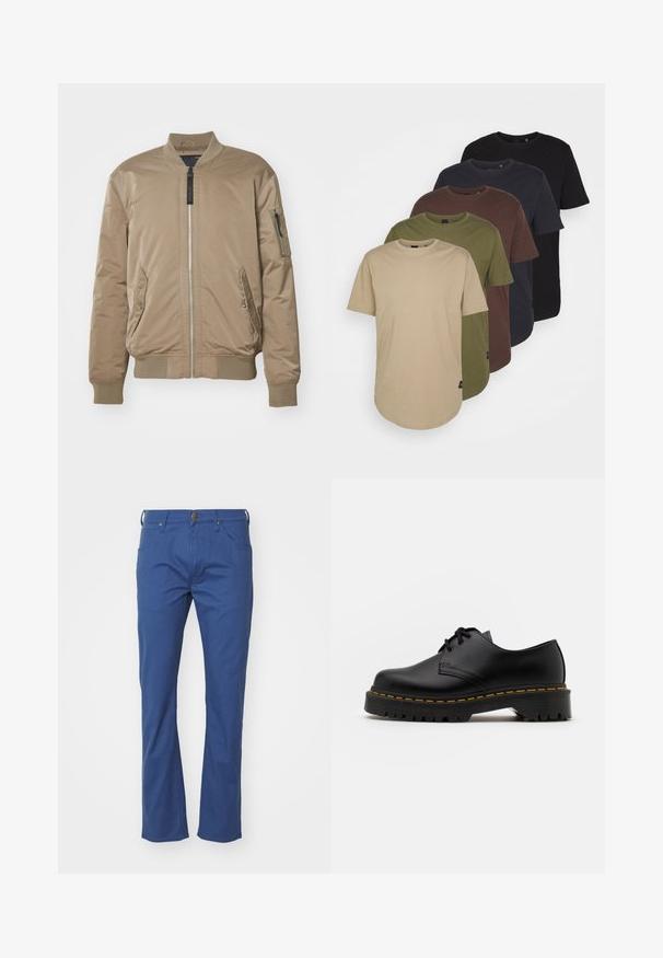 Replay JACKET - Chaquetas bomber - light mud; Cinco camisetas dispuestas en colores degradados: beige, oliva, marrón, azul oscuro y negro. Hechas de suave algodón, con mangas cortas y cuello redondo.; Pantalones de algodón azul con un diseño de pierna recta, que cuentan con un cierre de botón, cinco bolsillos y detalles de costura sutiles.; Zapato negro de cuero con cordones, punta redondeada, suela de goma texturizada y costuras amarillas alrededor de la base. Diseño plano y acabado suave.