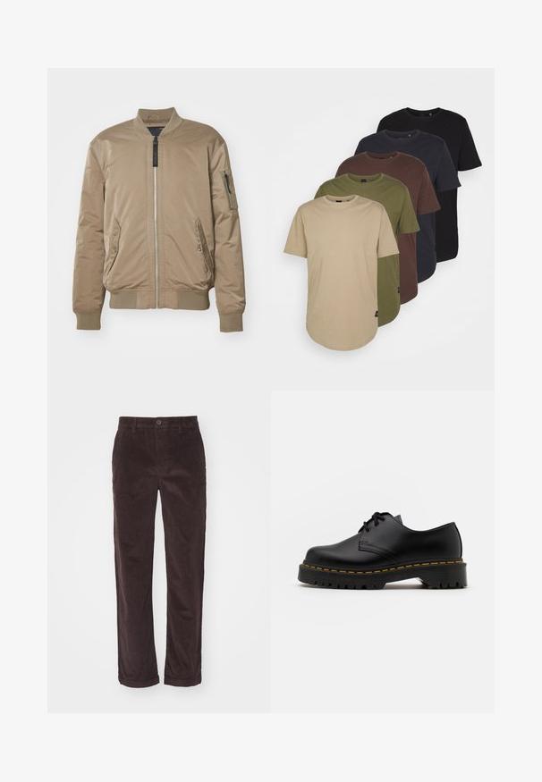 Replay JACKET - Bomber Jacket - light mud; Five t-shirts arranged in gradient colors: beige, olive, brown, dark blue, and black. Made of soft cotton with short sleeves and round neck.; Brown corduroy pants with a straight cut, featuring a button closure and rolled cuffs, showcasing vertical ribbed texture.; Black leather lace-up shoe with a rounded toe, textured rubber sole, and yellow stitching around the base. Flat design and smooth finish.