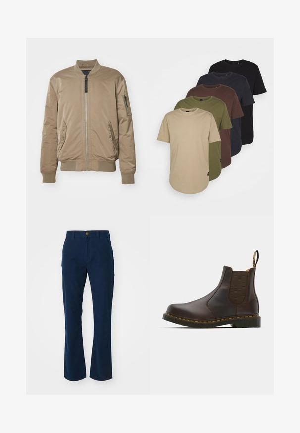 Replay JACKET - Bombertakki - light mud; Viisi t-paitaa järjestettynä gradienttiväreissä: beige, oliivi, ruskea, tummansininen ja musta. Valmistettu pehmeästä puuvillasta, lyhyillä hihoilla ja pyöreällä kauluksella.; Navy blue- väriset puuvillasta valmistetut twill-housut, joissa on levenevä muotoilu, etupainonappi ja sivutaskut. Sileä pinta.; Ruskean nahkainen Chelsea-kengä, jossa on elastiset sivupaneelit, teksturoitu korko ja kontrastivärinen keltainen tikkaus. Varustettu vetoketjulla helppoa pukemista varten.