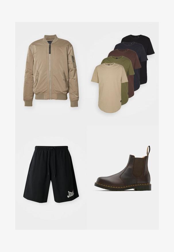 Replay JACKET - Blouson Bomber - light mud; Cinq t-shirts disposés en dégradé de couleurs : beige, olive, marron, bleu marine et noir. Fabriqués en coton doux avec des manches courtes et un col rond.; Shorts de sport noirs avec une taille élastique et un cordon de serrage, arborant un logo « JORDAN » bien visible et une petite icône rouge.; Bottine Chelsea en cuir marron avec des panneaux élastiques sur les côtés, un talon texturé et des coutures jaunes contrastantes. Dotée d'une languette pour un enfilage facile.