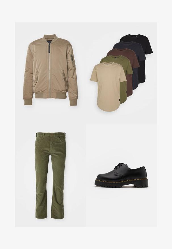 Replay JACKET - Chaquetas bomber - light mud; Cinco camisetas dispuestas en colores degradados: beige, oliva, marrón, azul oscuro y negro. Hechas de suave algodón, con mangas cortas y cuello redondo.; Pantalones de pana verde oliva con bolsillos frontales, lazos para cinturón, cierre de botón y un ligero acampanado en los bajos.; Zapato negro de cuero con cordones, punta redondeada, suela de goma texturizada y costuras amarillas alrededor de la base. Diseño plano y acabado suave.
