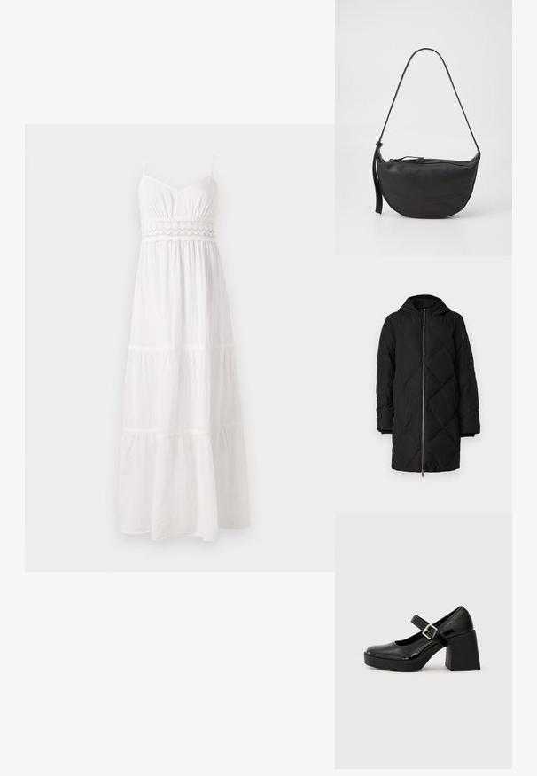Černý prošívaný péřový kabát s kapucí, který má přední zip, dlouhé rukávy a šití v diamantovém vzoru.; Bílá maxi šaty s nastavitelnými špagetovými ramínky, nabíraným trupem a vrstvenou sukní, vyrobené z lehkého materiálu s krajkovými detaily v pase.; Černé lakované Mary Jane podpatky s kulatou špičkou, širokým blokovým podpatkem, nastavitelným páskem se sponou a texturovanou podrážkou.; Černá kožená brašna přes rameno s zaobleným tvarem, jedno ramenní popruhem, zipovým uzávěrem a jemným prošitím podél těla.