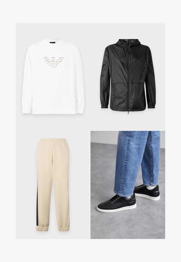 Giacca leggera nera con cappuccio, caratterizzata da una zip frontale completa, polsini elasticizzati e una texture liscia e lucida. Logo stampato sul davanti.; Felpa bianca con un design del logo testurizzato e multicolore al centro. Maniche lunghe e colletto a girocollo con costine. Materiale morbido.; Pantaloni sportivi color crema con strisce laterali nere, vita elastica e polsini a costine. Tessuto morbido con vestibilità rilassata.; Sneakers in pelle nera con suole in gomma bianca, dotati di lacci rotondi, superficie liscia e un sottile marchio sul tallone. Indossati con jeans blu.