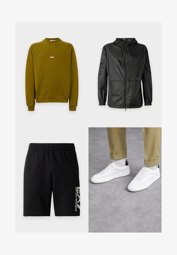 Giacca leggera nera con cappuccio, caratterizzata da una zip frontale completa, polsini elasticizzati e una texture liscia e lucida. Logo stampato sul davanti.; Felpa a maniche lunghe verde oliva con collo tondo e piccolo logo bianco "MSGM" al centro del petto.; T-shirt nera in cotone con maniche corte, collo a giro e un piccolo etichetta con logo sul davanti che presenta simboli di cura bianchi.; EA7 Emporio Armani TRAIN VISIBILITY - Shorts - black/cream; Sneaker bianchi con finitura in pelle testurizzata, punta arrotondata e accentuazione nera sul tallone. Suola in gomma con piccolo motivo di battistrada e dettagli cuciti.