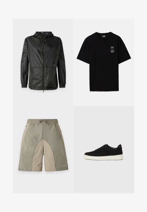 Svart lett jakke med hette, med hel frontglidelås, elastiske mansjetter og en glatt, glitrende tekstur. Logo trykt på forsiden.; Svart bomulls t-skjorte med kort erm, rund hals og et lite logo-merke foran med pleiesymboler i hvitt.; Lettvektsshorts med elastisk midje og en blanding av olivengrønne og beige paneler, samt en teksturert overflate.; Svart semsket sneakers med snøring og kontrasterende hvit gummisåle. Har teksturerte sidepaneler og subtil merkevare på hælen.