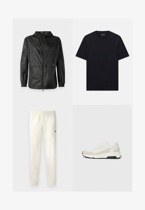 Melns viegls jakas ar kapuci, kas aprīkota ar pilnu priekšējo rāvējslēdzēju, elastīgām piedurknēm un gludu, spīdīgu tekstūru. Uz priekšpuses ir iespiests logo.; Melnas īsām piedurknēm T-krekls ar apaļu kakla izgriezumu, ar smalku iepresētu logotipa dizainu krūšu centrā un zīmola etiķeti apakšā kaklā.; Biezi balti sporta bikses ar elastīgu jostu, aprocēm pie potītēm un mazu melnu logo kreisajā pusē. Gluda kokvilnas auduma.; Baltas un bēšs zems apavi ar auklēm priekšpusē, melna zole, un "Armani Exchange" zīmols sānos un uz zoles.