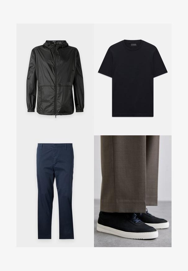 Mustat kevyet takki, jossa on huppu, täysipitkä vetoketju, joustavat hihansuut ja sileä, kiiltävä tekstiili. Logo painettuna eteen.; Mustassa lyhythihaisessa crew neck -t-paidassa on hienovaraisesti kohokuvioitu logomuotoilu rinnassa ja merkkilappu kauluksessa.; Tummansinisiä puuvillahousuja suoralla leikkauksella, vyölenkeillä ja vetoketjulla, sileä pinta ja siisti viimeistely lahkeissa.; Mustat mokkakengät valkoisilla kumipohjilla, joissa on pyöreä kärki ja nauhat, käytetään harmaiden räätälöityjen housujen kanssa.