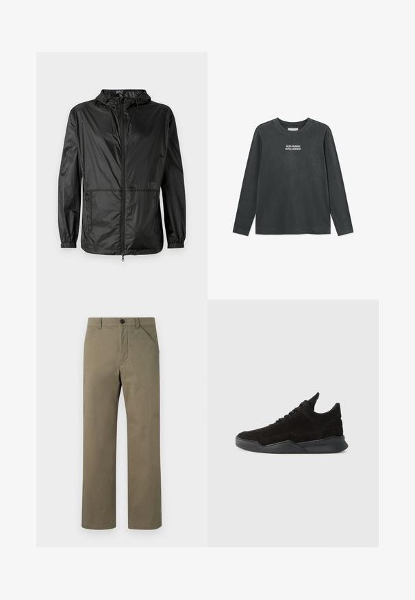 Melns viegls jakas ar kapuci, kas aprīkota ar pilnu priekšējo rāvējslēdzēju, elastīgām piedurknēm un gludu, spīdīgu tekstūru. Uz priekšpuses ir iespiests logo.; Melna kokvilnas T-krekls ar garām piedurknēm, kas rotāts ar tekstu "NE-CILVĒKU INTELIGENCE" baltā krāsā. Apaļais kakls ar plecu pogu akcentiem.; Gaiši olīvu zaļas bikses, kas izgatavotas no gludas, izturīgas auduma. Tām ir pogas un rāvējslēdzēja aizdare, sānu kabatas un taisnas kājas dizains.; Melnas zamšādas sporta kurpes ar zemu profilu, teksturētu augšdaļu, plakaniem šņorēm un cietu gumijas zolīti ar nelielu papēdi un izliekumu dizainā.