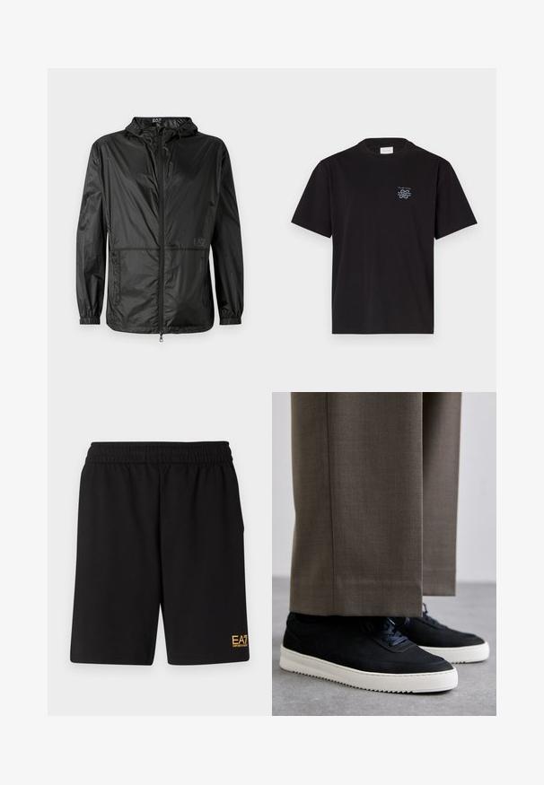Μαύρο ελαφρύ μπουφάν με κουκούλα, που διαθέτει πλήρη φερμουάρ μπροστά, ελαστικές μανσέτες και λεία, γυαλιστερή υφή. Λογότυπο εκτυπωμένο μπροστά.; Μαύρο βαμβακερό μπλουζάκι με στρογγυλή λαιμόκοψη και κοντά μανίκια. Διαθέτει ένα μικρό μπλε λογότυπο στην αριστερή πλευρά του στήθους. Απλός, ευθύς σχεδιασμός.; Μαύρες αθλητικές βερμούδες από μαλακό ύφασμα, με ελαστική μέση και μικρό λογότυπο EA7 στο κάτω αριστερό πόδι.; Μαύρα σουέντ αθλητικά παπούτσια με λευκές καουτσούκ σόλες, με στρογγυλή μύτη και κορδόνια, φορεμένα με γκρι προσαρμοσμένα παντελόνια.