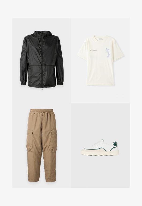 Svart lett jakke med hette, med hel frontglidelås, elastiske mansjetter og en glatt, glitrende tekstur. Logo trykt på forsiden.; Hvit bomull t-skjorte med korte ermer, med teksten "United By Rhythm" i svart og blå grafikk på brystet. Rund halsdesign.; Lys khaki cargo-bukser med elastisk liv, to side cargo-lommer, letvægts tekstureret stof og en afslappet pasform med tapered ankler.; Hvite lave sneakers med grønn kant, beige semsket skinn-detaljer, og en kremfarget såle med mønstrete bunn.