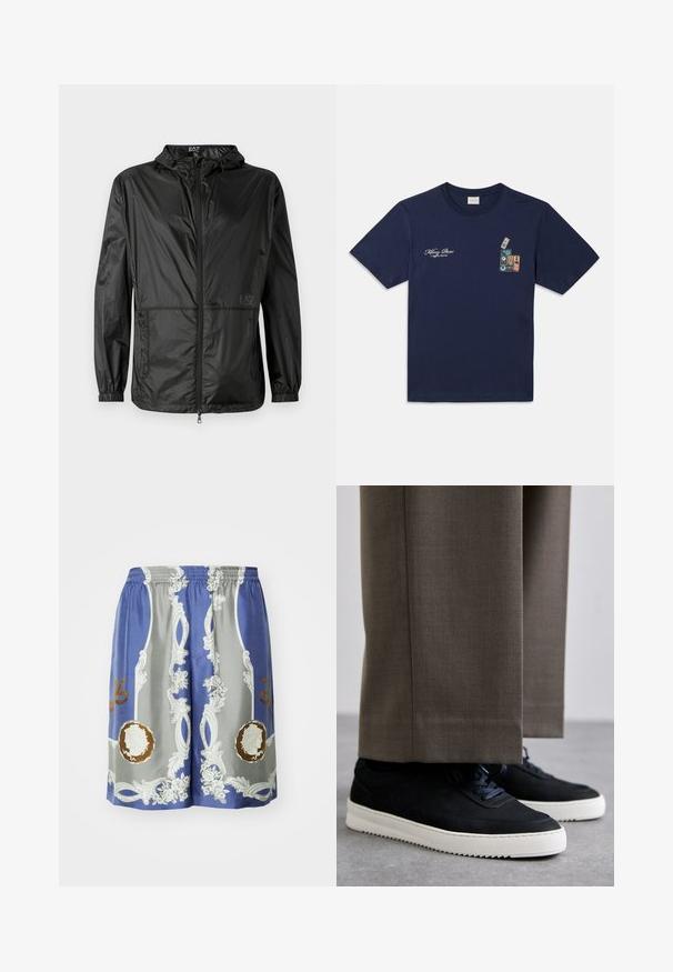 Chaqueta ligera negra con capucha, con cremallera frontal completa, puños elásticos y una textura suave y brillante. Logo impreso en la parte delantera.; Camiseta de algodón azul marino de manga corta, con un gráfico de cintas de casete apiladas y el texto "Killing Bees" en el pecho.; Shorts azules y grises hechos de una tela suave, con elaborados patrones en blanco y dorado, flores y diseños circulares en la parte frontal.; Zapatillas de ante negro con suelas de goma blanca, que presentan una puntera redondeada y cordones, llevadas con pantalones grises a medida.