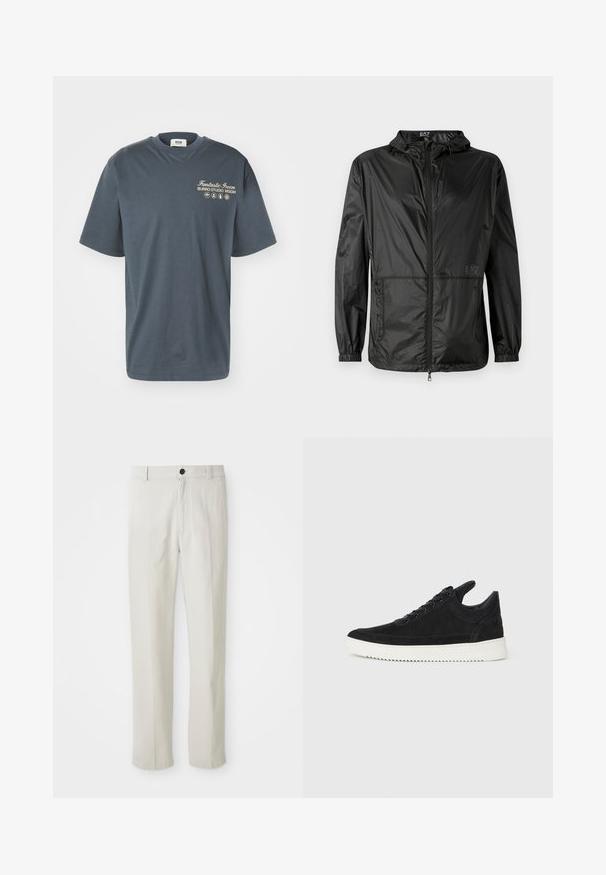 Svart lett jakke med hette, med hel frontglidelås, elastiske mansjetter og en glatt, glitrende tekstur. Logo trykt på forsiden.; MSGM T-shirts med print - grey; Beige rette benbukser med bæltestropper, frontknap og lynlås lukning, vist fladt på en hvid baggrund.; Sorte semskede sneakers med hvit gummisåle, med tonale sømmer og snøring. Glatt tekstur med en moderne, strømlinjeformet form.