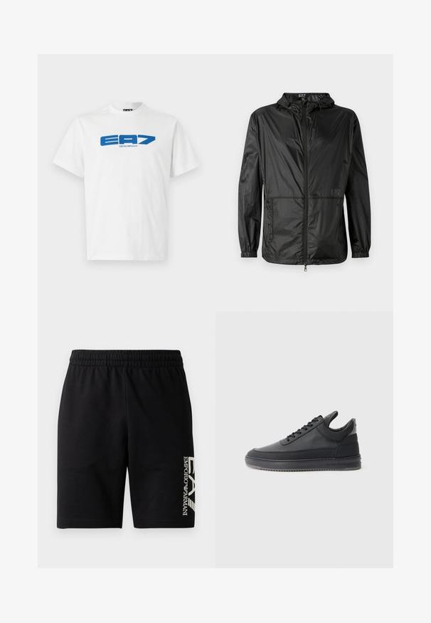 Casaco leve preto com capuz, apresentando um fecho frontal completo, punhos elásticos e uma textura lisa e brilhante. Logotipo impresso na frente.; Camiseta de algodão branca com um logotipo EA7 azul, decote redondo, mangas curtas e uma textura suave.; EA7 Emporio Armani TRAIN VISIBILITY  - Calções - black/cream; Sapatilhas de couro preto com uma superfície texturizada, design de atacadores, cano baixo, e uma sola de borracha cinza com uma borda estriada.