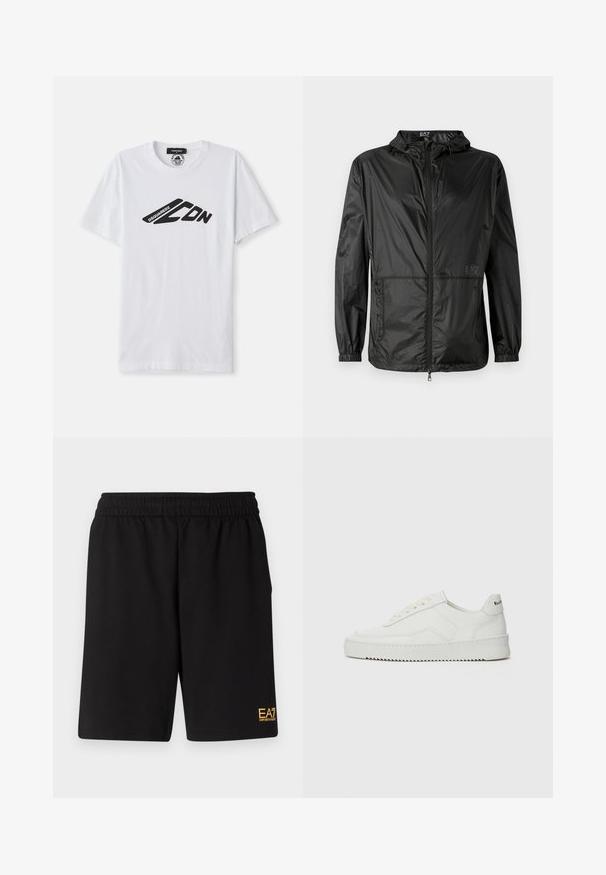 Černá lehká bunda s kapucí, vybavená plným předním zipem, elastickými manžetami a hladkou, lesklou texturou. Na přední straně je vytištěno logo.; Bílý bavlněný tričko s krátkým rukávem a kulatým výstřihem. Na hrudi má černé grafické logo "DSQUARED2 CDN."; Černé sportovní šortky vyrobené z měkké látky, s elastickým pasem a malým žlutým logem EA7 na dolní části levé nohy.; Bílé kožené tenisky s hladkým povrchem, kulatou špičkou, plochými tkaničkami a texturovanou podrážkou. Na patě se nachází nenápadné logo.