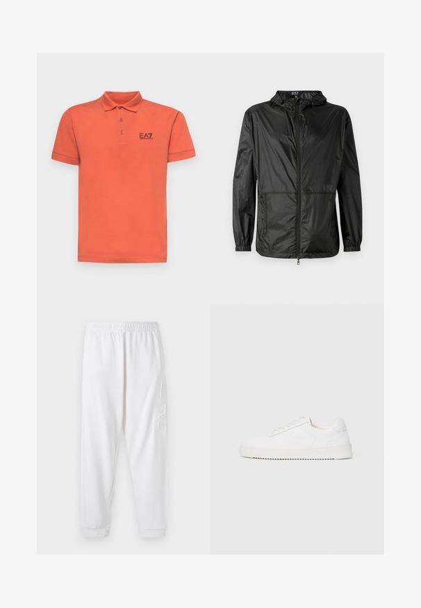 Svart lett jakke med hette, med hel frontglidelås, elastiske mansjetter og en glatt, glitrende tekstur. Logo trykt på forsiden.; EA7 Emporio Armani TRAIN CORE - Poloskjorter - summer fig; Hvite tapered joggebukser med elastisk liv og avsluttede ankler. Har et teksturert logodetalj på venstre lår. Mykt materiale.; Hvit sneaker med en glatt skinnoverdel, avrundet tå, snøring, teksturerte sideakenter og en tykkgummisåle. Minimalistisk design.