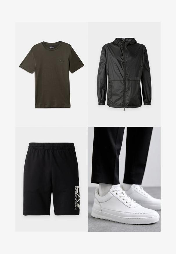 Črna lahka jakna s kapuco, z naravnim zadrgo na sprednji strani, elastičnimi manšetami in gladko, sijočo teksturo. Logotip natisnjen na sprednji strani.; Olive zelena majica s kratkimi rokavi iz gladkega materiala, z okroglim izrezom in majhno logotipno podrobnostjo na levem prsnem delu.; EA7 Emporio Armani TRAIN VISIBILITY  - Kratke hlače - black/cream; Bela usnjena teniska obutev z ravnim gumjastim podplatom, z gladko površino, okroglo kapico in kovinskimi luknjami za vezalke. Nosi se z črnimi hlačami.