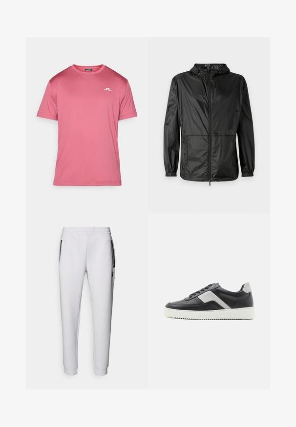 Melns viegls jakas ar kapuci, kas aprīkota ar pilnu priekšējo rāvējslēdzēju, elastīgām piedurknēm un gludu, spīdīgu tekstūru. Uz priekšpuses ir iespiests logo.; Rozā īss piedurkņu sporta krekls, kas izgatavots no gludas, vieglas auduma. Uz kreisā krūšu apgabala ir balts logo. Apaļš kakla izgriezums, bez rakstiem.; Baltas sporta bikses ar elastīgu jostu, divām sānu kabatām, melnām rāvējslēdzēju akcentiem un ribotām potīšu malām. Viegla tekstūra.; Melnas ādas sporta apavi ar pelēkiem akcentiem, balta gumijas zole, noapaļota purngalu daļa un sešas melnas acis šņorēm. Strukturēts sānu paneļa detalizējums.