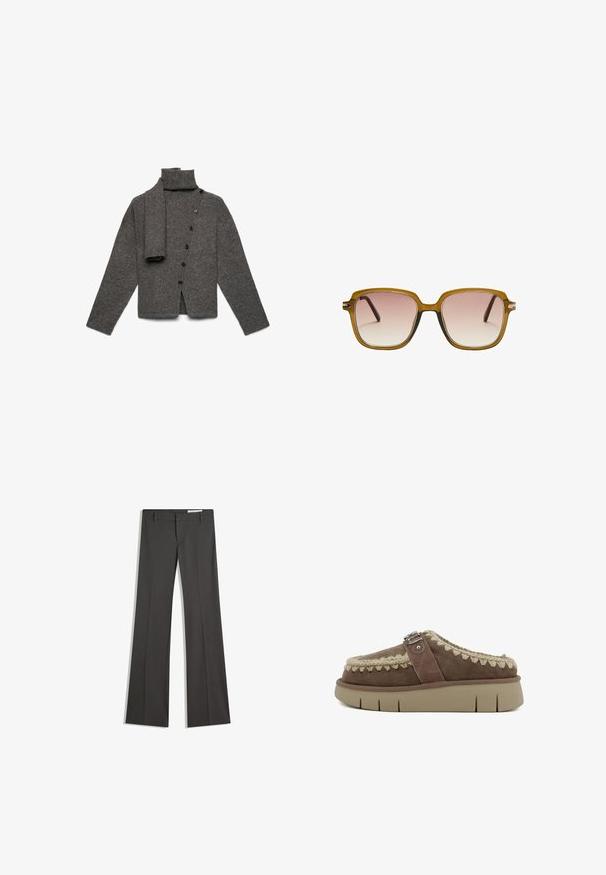 Brauner Kunstfellkragen an einer dunkelbraunen Jacke mit weicher Textur, klaren Linien und einem glatten Stofffinish. Sichtbares Etikett im Inneren.; Grauer Wollcardigan mit hohem Kragen, Knopfleiste und angenähtem Schal. Verfügt über eine weiche Textur und gerippte Bündchen. Minimalistisches Design.; Weißes Tanktop mit gerippter Textur, mit schwarzem Besatz entlang des Halsausschnitts und der Armausschnitte. Einfaches, ärmelloses Design.; Graue weit ausgestellte Hosen aus einem glatten Stoff, mit flachem Frontbereich, Gürtelschlaufen und einem maßgeschneiderten Design mit klaren Linien.; Braune Wildleder-Slipper mit einem geflochtenen beigen Akzent und silbernem Schnallen-Detail, ausgestattet mit einer dicken, strukturierten beigen Sohle.; Quadratische Sonnenbrille mit einem hellbraunen transluzenten Rahmen, gradienten pinken Gläsern und dunkelbraunen Bügeln. Minimalistisches Design mit subtilen Hardware-Akzenten.