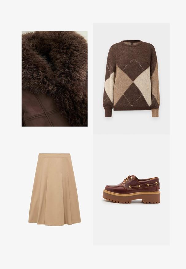Rjav umetni krzneni ovratnik na temno rjavem plašču, ki ima mehak teksturo, čiste linije in gladko tkanino. Vidna oznaka na notranji strani.; Rjav in bež argyle vzorčast pleten pulover z dolgimi rokavi in ribanimi manšetami na belem ozadju.; Bež krilo A-silhuete z gladko teksturo, ki vsebuje naborke, ki dodajajo polnost, ter pas, ki omogoča prilagoditev. Ravna obrobe na dnu.; Rjavi usnjeni čolnar s debelim rjavim gumijastim podplatom, zlatimi luknjicami in kontrastnim šivom. Ima logotip na strani.