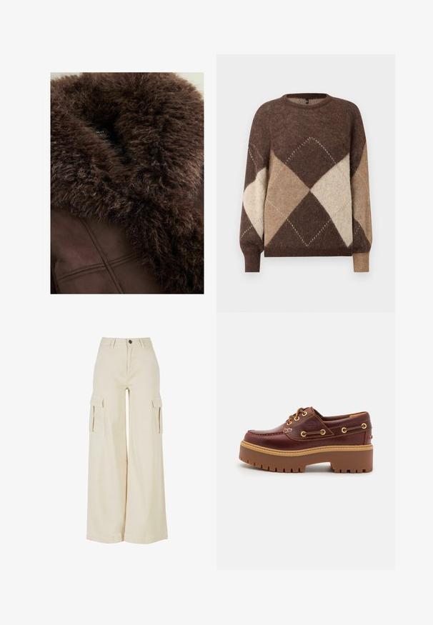 Hnědý umělý kožíšek na tmavě hnědém kabátu, se sladkým povrchem, čistými liniemi a hladkým zakončením látky. Viditelná cedulka na vnitřní straně.; Hnědý a béžový svetr s argyle vzorem, pletený s dlouhými rukávy a žebrovanými manžetami, na bílém pozadí.; Béžové kalhoty s širokými nohavicemi vyrobené z bavlny, s dvěma velkými bočními kapsami, předním knoflíkovým zapínáním a čistým lemem.; Hnědé kožené boty na lodi s robustní hnědou gumovou podrážkou, zlatými očky a kontrastním prošíváním. Na boku se nachází logo.