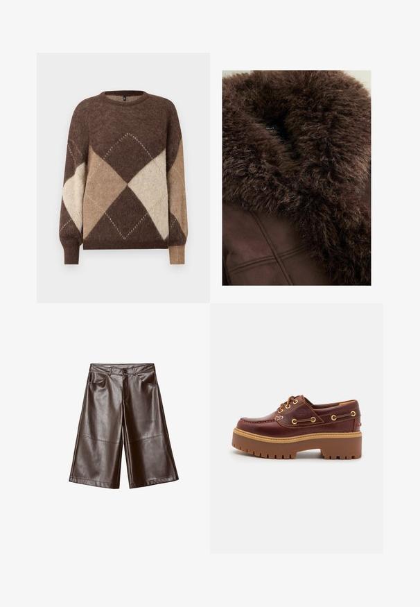 Brauner Kunstfellkragen an einer dunkelbraunen Jacke mit weicher Textur, klaren Linien und einem glatten Stofffinish. Sichtbares Etikett im Inneren.; Braun-beige gestrickter Pullover im Argyle-Muster mit langen Ärmeln und gerippten Bündchen auf einem weißen Hintergrund.; Braune Fake-Leder Weite-Knie-Shorts mit vorderen Taschen und Gürtelschlaufen, flach auf einem weißen Hintergrund ausgelegt.; Braune Lederbootsschuhe mit einer massiven braunen Gummisohle, goldenen Ösen und kontrastierenden Nähten. Mit einem Logo an der Seite.