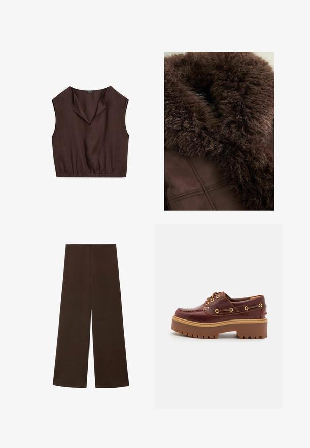 Brun faux fur krave på en mørkebrun jakke med blød tekstur, rene linjer og en glat stoffinish. Synlig etiket indeni.; Brun ærmeløs top med foldet krave, elastisk talje og glat stofstruktur, skræddersyet til en cropped pasform.; Bredde bukser lavet af et glat, mørkebrunt stof. Har en høj talje og et minimalistisk design uden udsmykninger.; Brune læder bådsko med en kraftig brun gummisål, gyldne snørehuller og kontraststing. Har et logo på siden.