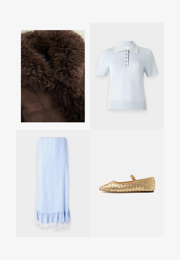 Sötétbarna kabáton barna műszőrme gallér található, amely puha tapintású, letisztult vonalakkal és sima szövetfelülettel rendelkezik. Az belső részen látható címke.; Világoskék, rövid ujjú poloing bordázott textúrával, lapos gallérral és elülső gombolással, hat azonos gombbal.; Világoskék selyemszoknya fodros szegéllyel, fehér csipke díszítéssel és finom virágmintákkal az anyagon. Gumis derék.; Loeffler Randall LEONIE SOFT BALLET FLAT - Bokapántos balerina cipők - gold
