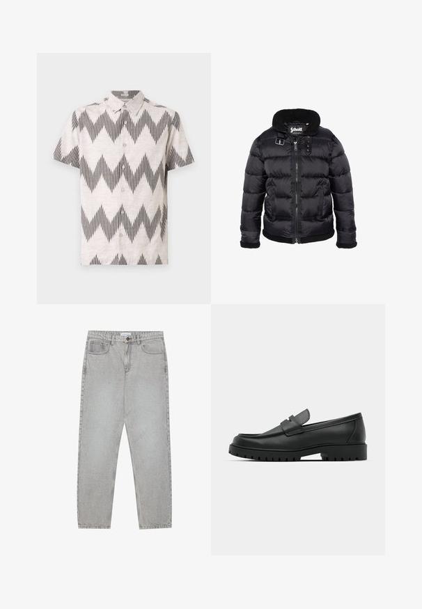 Schott PUFFER - Téli dzseki - noir; Rövid ujjú gombos ing világos anyagból, fekete és szürke cikkcakk mintával, galléros kivitelben és laza szabásban.; Világosszürke farmernadrág egyenes szabással, öt zsebes stílusban, gombos záródással. Látható varrások az illesztéseknél.; Fekete bőr loafer cipők kerek orral, varrott mintázattal, alacsony platformtalpú és texturált, barázdált gumitalppal.
